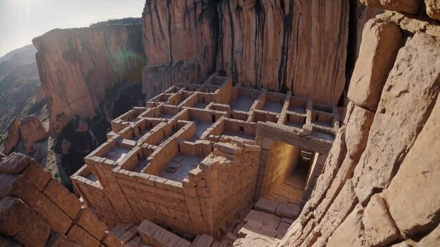 Sunlight revealing intricate stone carved facades of hegra, unesco heritage site, highlighting architectural mastery of nabataean civilization's historic desert landscape