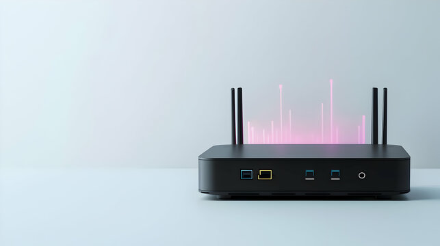 Black Wireless Router With Pink Glowing Data Stream Visualized On Clean White Background With Subtle Lighting