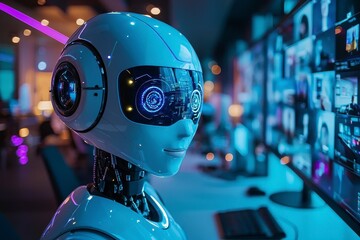 In a futuristic office, a sleek robotic assistant orchestrates a complex video conference The robot, designed with smooth white surfaces and glowing optics, focuses intently on the numerous