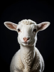 Fototapeta premium A lamb faces forward against a dark background, symbolizing purity and the Christian concept of the Lamb of God, representing sacrifice and innocence.