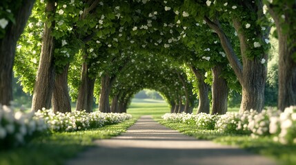 Spring path, tree tunnel, park, sunlight