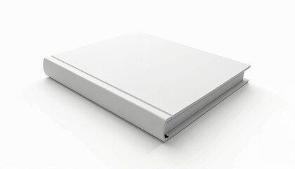 Blank hardcover book mockup laying on white surface at an angle. Clean empty cover template for catalog, novel or textbook advertising. Space for publication design, promotion, education ad project.
