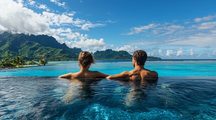 Serene Tropical Escape with Couple Relaxing by Infinity Pool