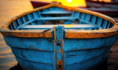 Blue boat at sunset, serene coastal scene