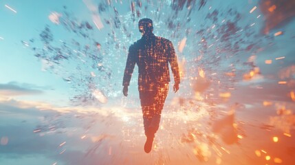 A man in a suit is flying through a digital explosion.