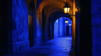 Fototapeta premium A hauntingly dimly lit scene with soft, warm, and slow-moving light casts long shadows, evoking an atmosphere of mystery and foreboding, with deep blues and purples dominating the color palette, and s