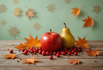 Autumn Still Life with Apple, Pear, and Red Berries on Rustic Wooden Table. Generative AI