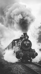 A vintage steam engine train is billowing clouds of smoke