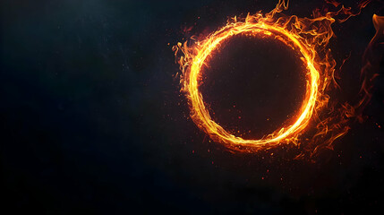 A Ring Of Fire With Orange And Red Flames Against A Dark Background With Light Particles In A Circular Motion