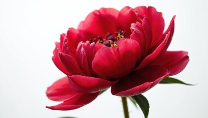 Magnificent red peony flower closeup on white background. Summer plant beauty photo. Floral blossom petal, leaf arrangement, freshness. Botany blooming colors. Holiday gift single flower. Beautiful
