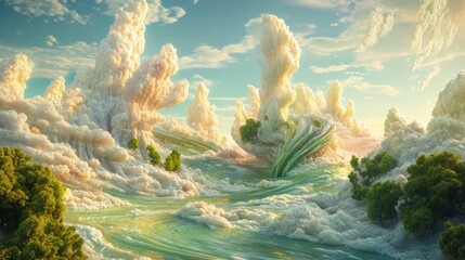 A surreal landscape with a winding river, towering clouds, and lush greenery.