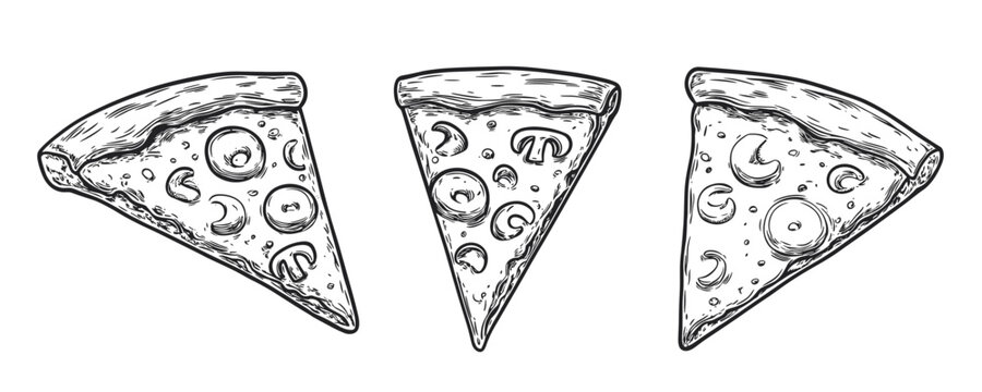 Flat linear icons set of pizza slices - vector art.