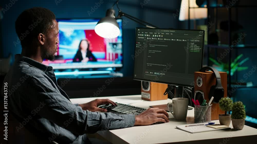 Poster african american man working on pc to write code and programming in artificial intelligence and deep