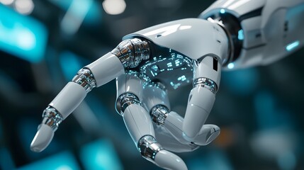 Robotic Hand Pointing Forward: A close-up of a sleek, detailed robotic hand extends a finger, implying progress and futuristic technological innovation.