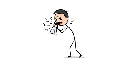 Obraz premium Stick Figure Coughing into Tissue Illustration on White Background