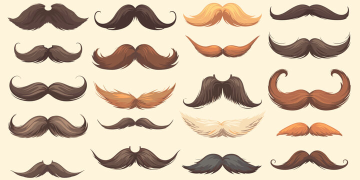 Flat style mustache icons set - diverse mustache designs in various styles and colors.
