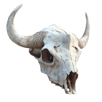 A photorealistic illustration of a bison skull with intricate bone details and aged textures