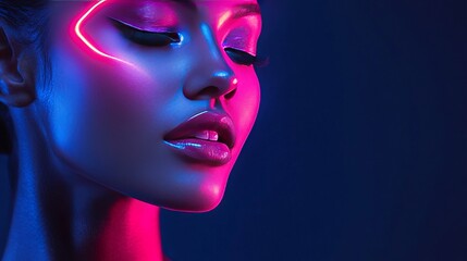Portrait of Woman with Neon Light Art and Vibrant Makeup Aesthetics