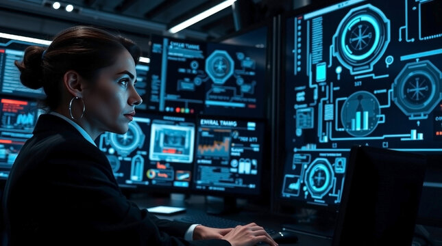 Generative AI. Cybersecurity specialist with calm expression working on a laptop analyzing threat detection software. 