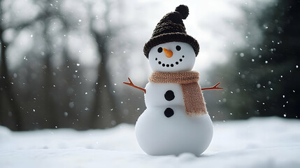 Obraz premium A Charming Snowman in a Knitted Hat and Scarf Stands Amidst a Gentle Snowfall in a Winter Wonderland