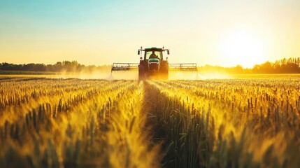 Fototapeta premium Tractor working in golden wheat field during sunset creating a beautiful landscape of agriculture and harvest
