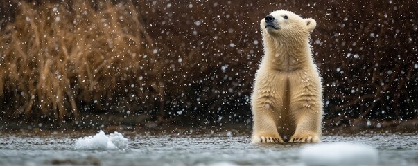 In a serene, wintry landscape, a young polar bear sits upright, its pristine white fur contrasting with the muted tones of the surroundings The gentle snowflakes dance around it, creating a magical