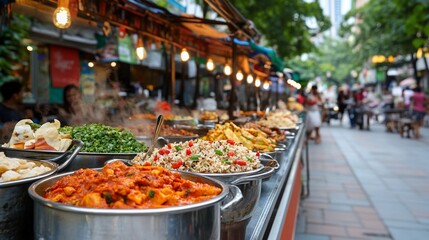 Street food market, city, diverse dishes, evening