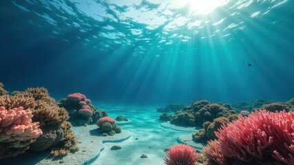 Obraz premium Sunlight streaming through clear ocean water over a coral reef with colorful corals 