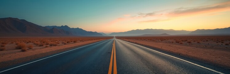 Long empty asphalt road extends through barren landscape framed by mountains under bright blue sky twilight. Desert landscape solitude, exploration journey. Scenic drive with calmness. Natural beauty