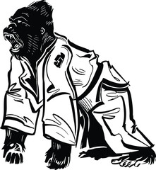 llustration of Brazilian Jiu-Jitsu (BJJ) featuring a monkey, gorilla, and human wearing traditional gis in dynamic combat stances, representing agility, strength, and strategy. Bold sketch style with 
