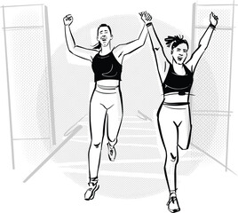 Illustration of a HYROX fitness event featuring athletes engaging in functional training exercises like sled pushing, rowing, and ski erg. Bold sketch style with dynamic action poses and green highlig