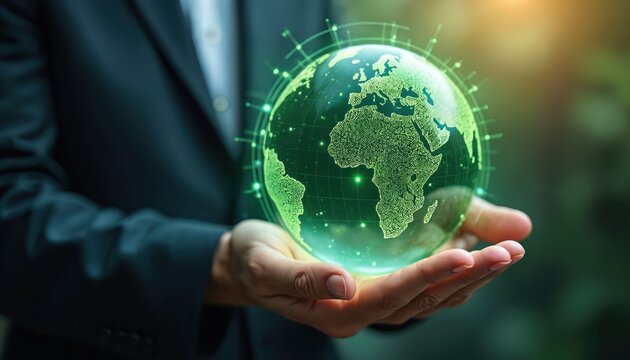 Man holds digital green Earth globe in hands. Focus on enviromental, social, governance, sustainability for responsible ethical corporate business practices, global climate change investing, economic