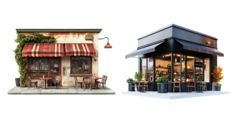 Charming CafÃ© Facades Displaying Rustic and Modern Design Styles, PNG bundle collection, Isolated on Transparent Background