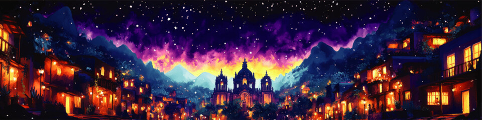 Vibrant Nighttime Village Scene with Illuminated Houses, Majestic Church, Starry Mountain Sky, and Purple-Orange Aurora in Stunning Vector Art Illustration