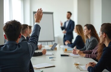 Rear view of businessman raising hand at office meeting. Diverse audience in boardroom during presentation, seminar. Speaker explaining strategy. Collaboration, interaction concept, corporate