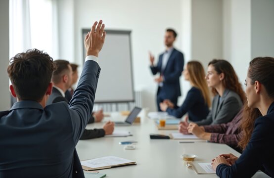 Rear view of businessman raising hand at office meeting. Diverse audience in boardroom during presentation, seminar. Speaker explaining strategy. Collaboration, interaction concept, corporate