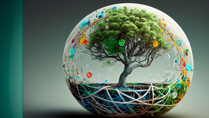 A tree with intertwined branches that form a sphere.