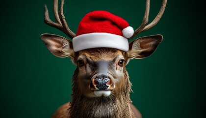 A deer wearing a festive red and white winter holiday hat