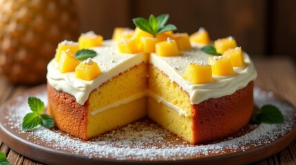 A mouthwatering pineapple cake sitting on a rustic wooden table