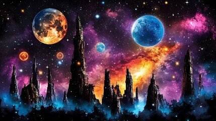 An artistic illustration of a cosmic fantasy landscape with planets