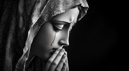 holy mary with tear on her cheek praying black white high contrast