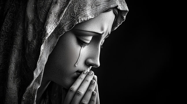 holy mary with tear on her cheek praying black white high contrast