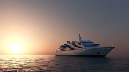 Fototapeta premium Luxury Cruise Ship Sailing on Calm Ocean with Golden Sunset over Horizon on Tropical Vacation Getaway