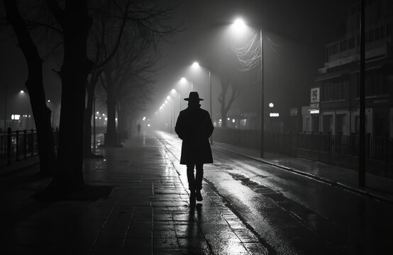 Dramatic monochrome of man in hat, raincoat walking through city street at night. Wet pavement reflects city lights, creates mysterious silhouette. Moody urban scene evokes film noir atmosphere,