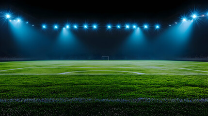 Naklejka premium Illuminated Empty Football Stadium Field At Night With Bright Blue Spotlights And Green Grass Under Dramatic Lighting