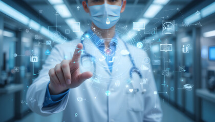 Doctor using technology in healthcare for medical innovation and future of medicine interface ai system
