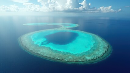 Aerial view of a tropical coral atoll surrounded by clear blue ocean waters	