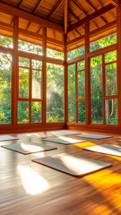 Yoga space with large wooden windows, natural light and lined mats, surrounded by lush vegetation.