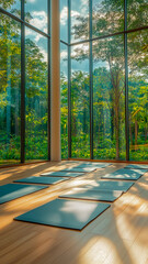 Modern yoga room with large windows and natural light