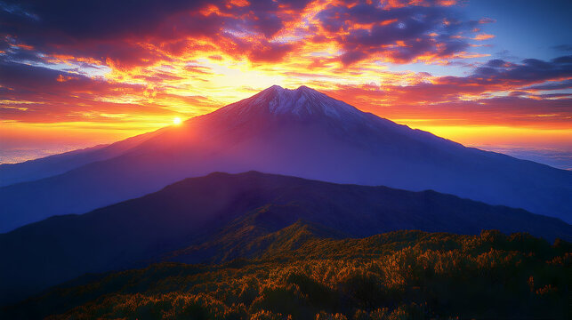 Majestic mountain sunrise.  A breathtaking view of a snow-capped volcano at dawn, with vibrant colors in the sky and surrounding mountains. Lush foliage graces the lower slopes